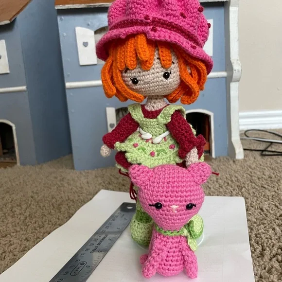 Handmade, Crocheted Strawberry Shortcake Doll with Custard the Cat - Picture 4 of 10